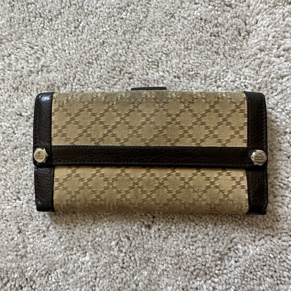 Gucci long wallet in beige with brown leather trim and silver hardware